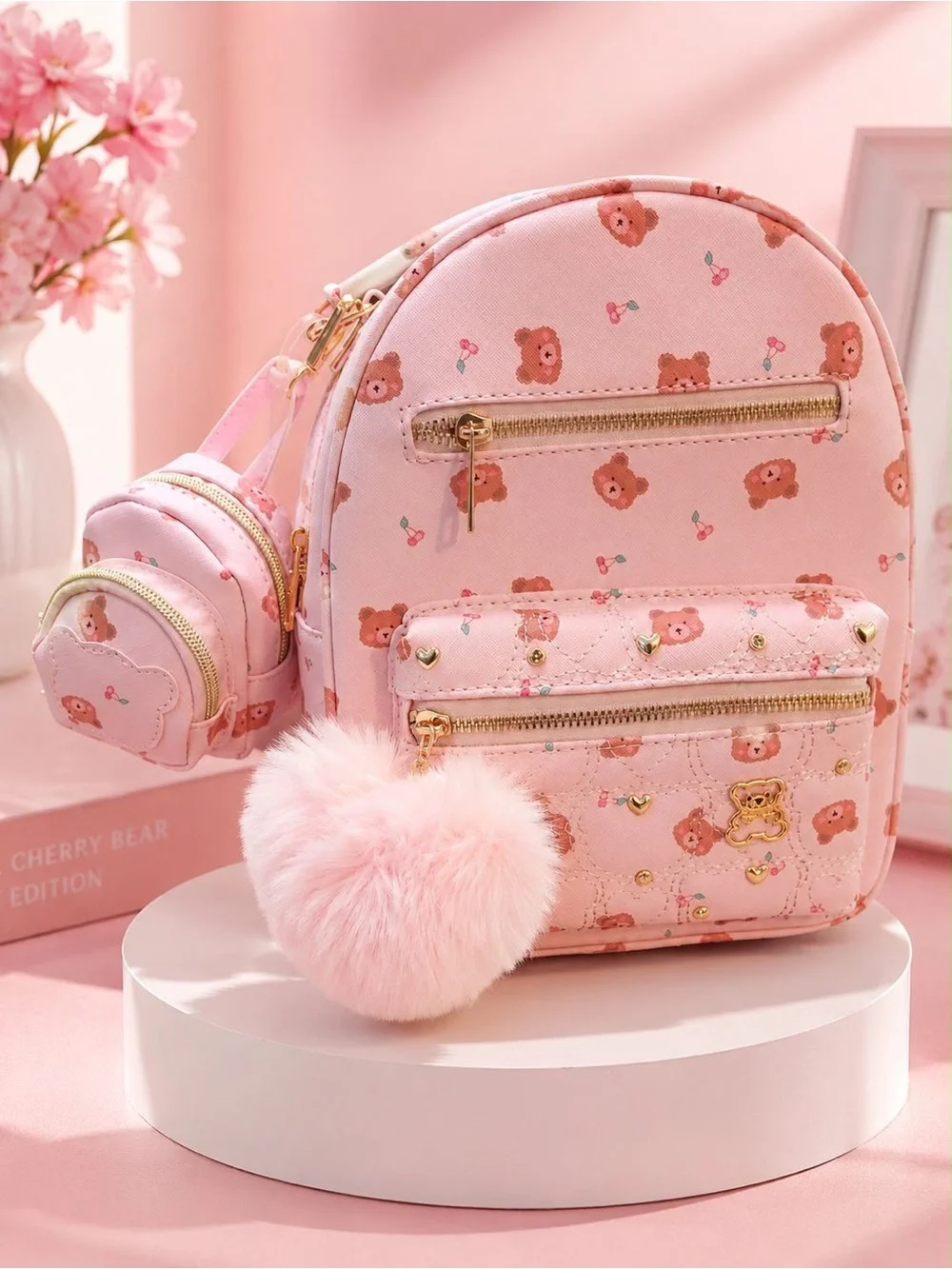 Pink Cherry Bear Kids Mini Backpack with Pom Pom